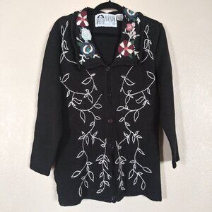 Vintage Martha Abraham Black Floral Embroidered Cardigan Sweater Women's Small
